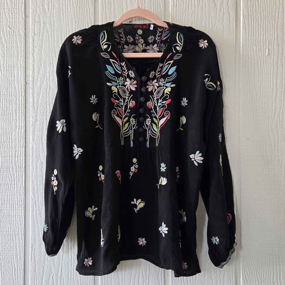 JOHNNY WAS Embroidered Boho Western Beachy Peasant Top Longsleeve Tunic Black XS